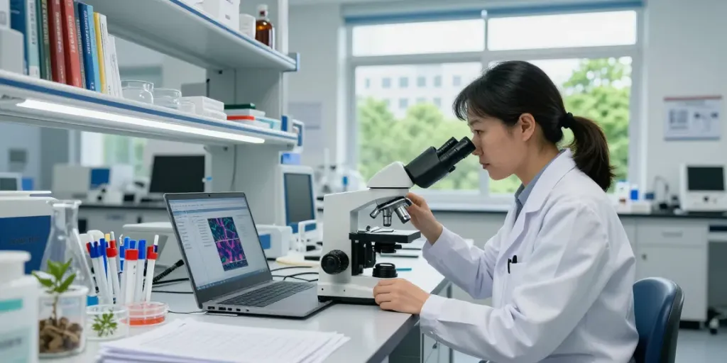 Researcher studying H19 gene sequences in a modern scientific laboratory.