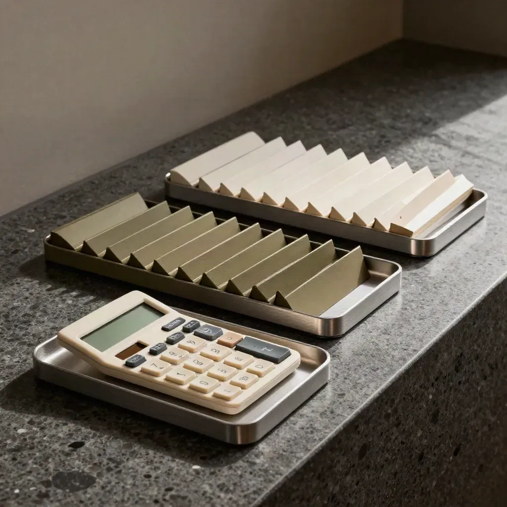 Bovenaanzicht van drie kasstroomtrays, een calculator en maandverdelers op travertin.