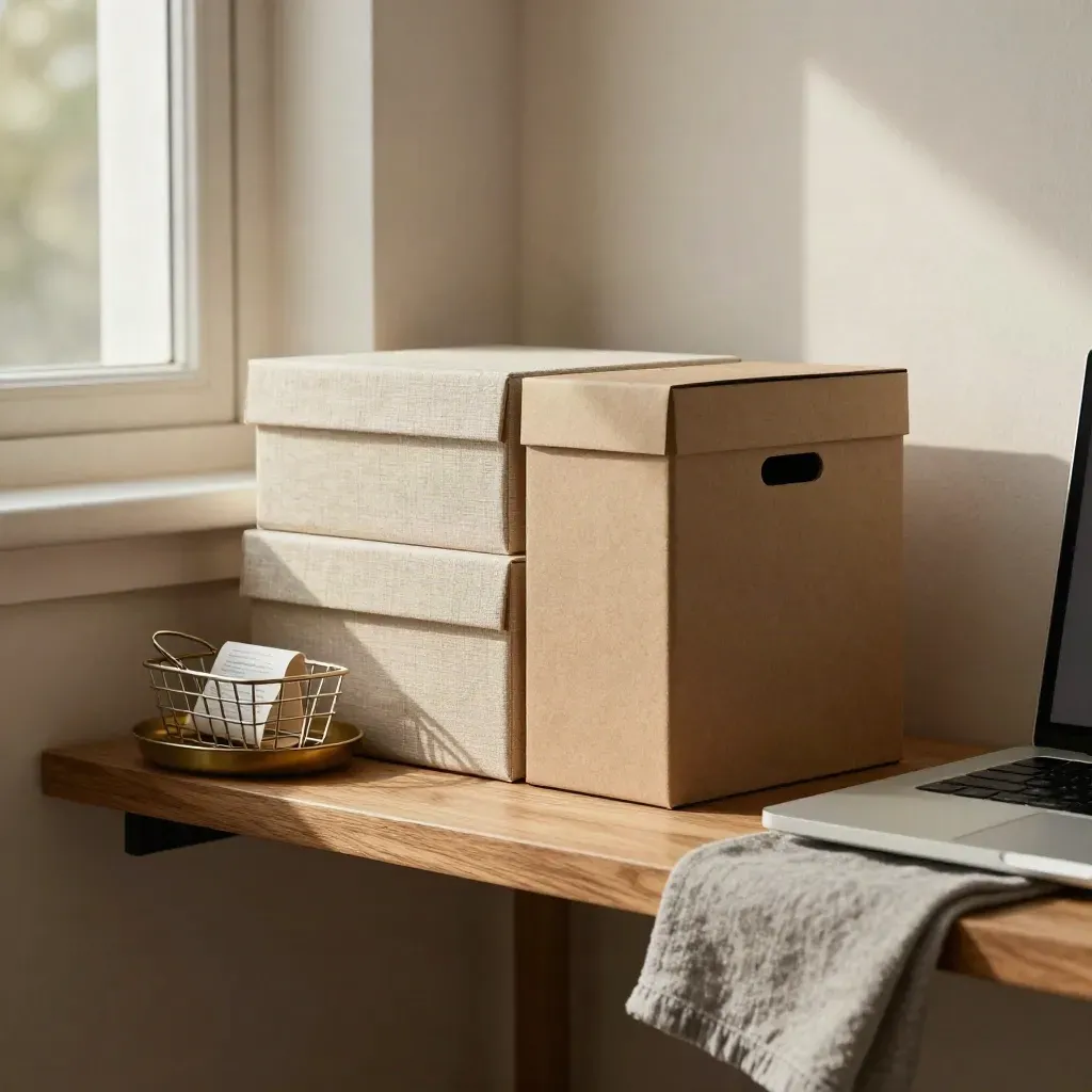Drie reserveboxen, een bonnenmandje en een gesloten laptop op een warme freelanceplank.
