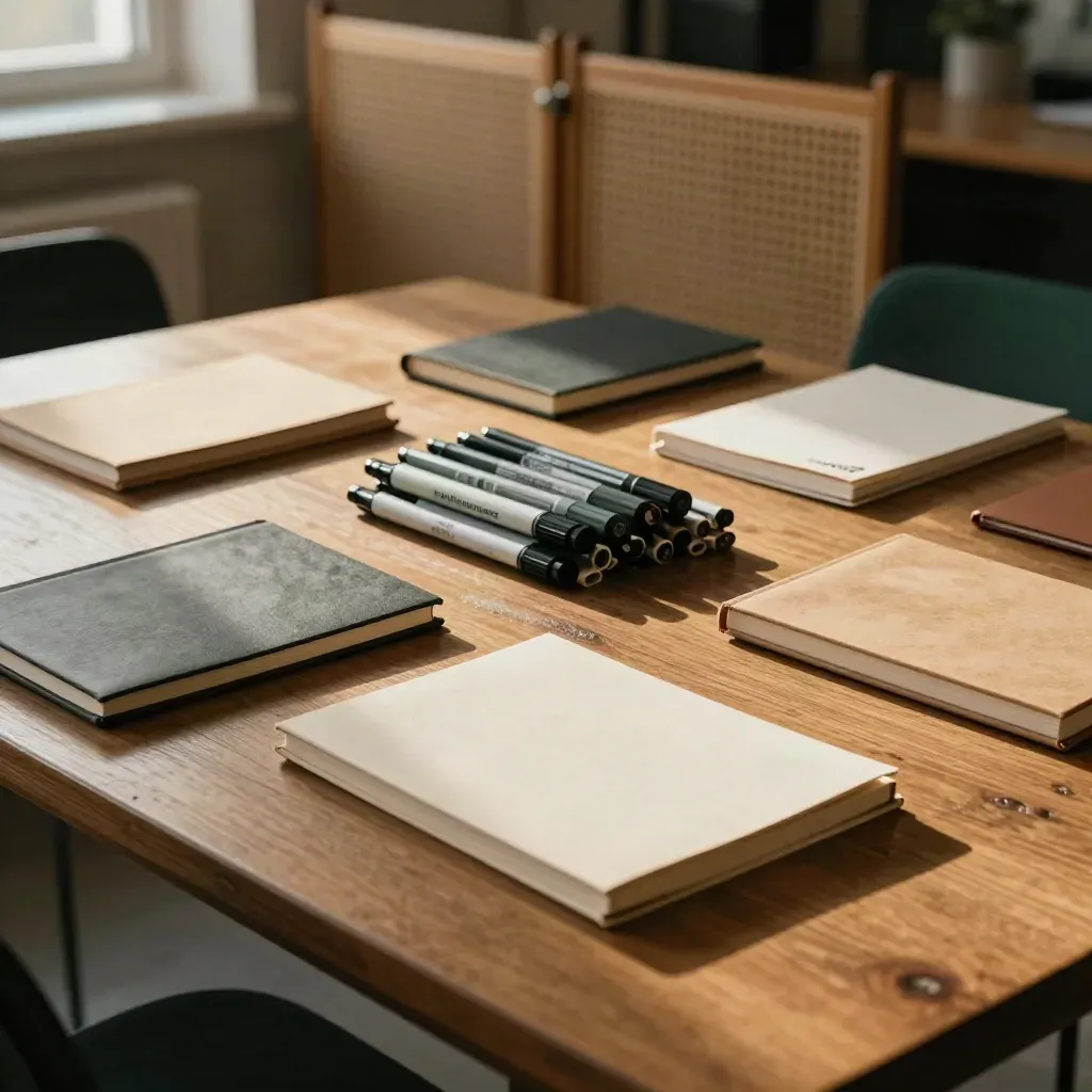 Bovenaanzicht van zes gesloten notitieboeken en markers op een houten trainingstafel.