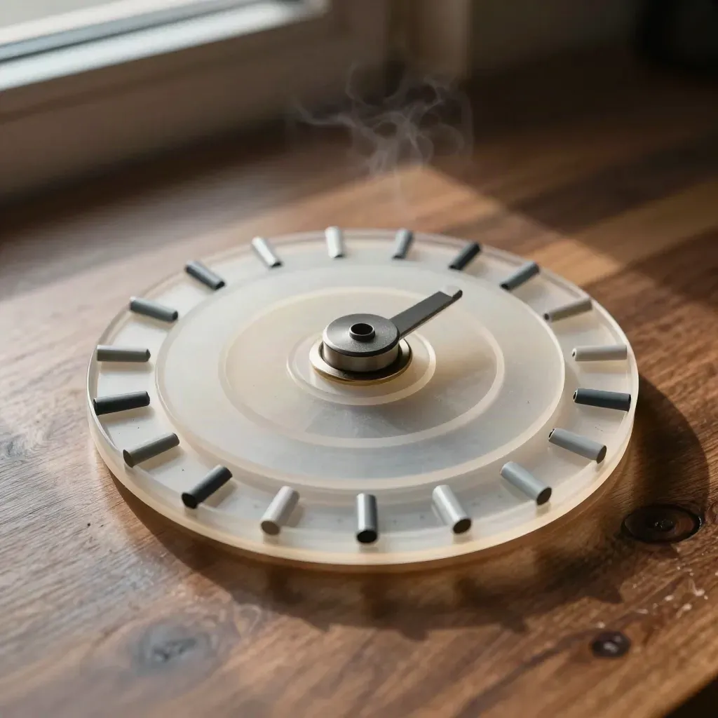 Macro van een transparant forecastwiel met grafietmarkeringen en metalen clip op een walnootkleurig oppervlak.
