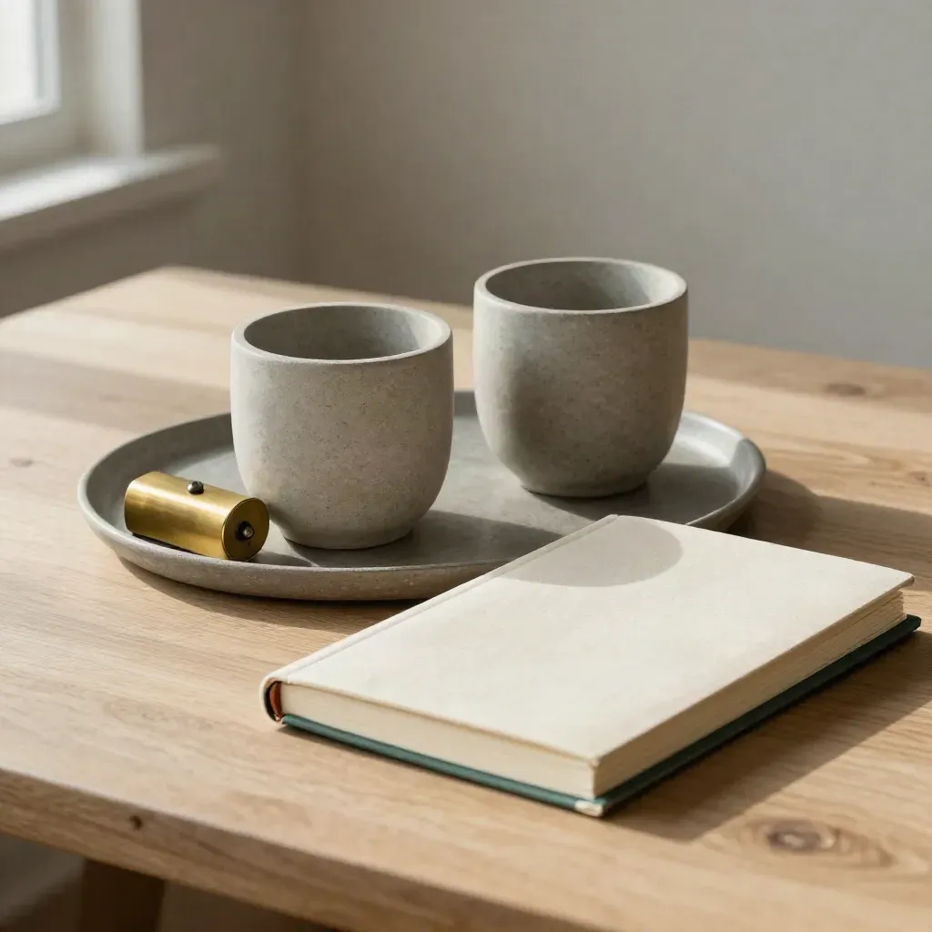 Twee stenen bekers, een gesloten notitieboek en een messing presse-papier op een houten tray.