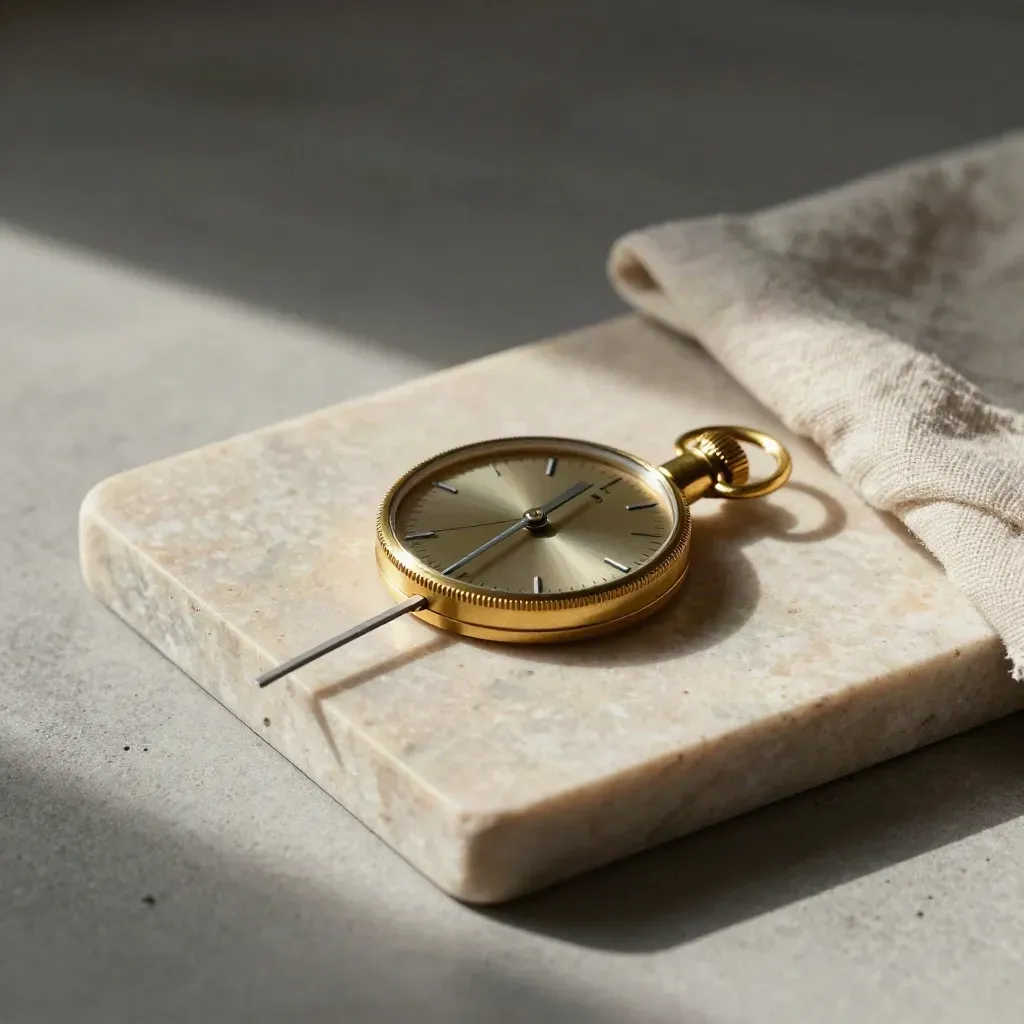 Brass dial, kleurmarkeringen en ledgerclip op een stenen tray met zacht licht