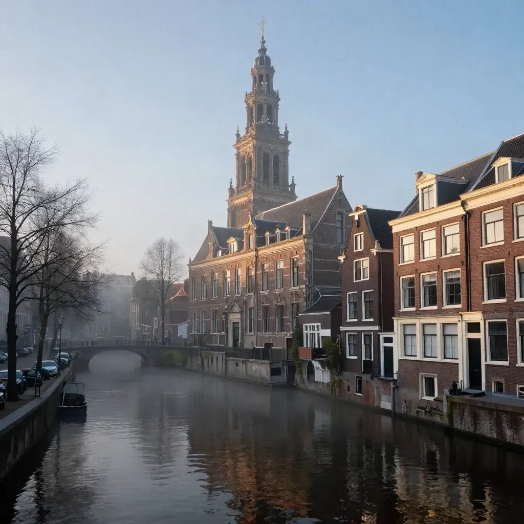 Mistig Amsterdam bij zonsopgang met de Westerkerk boven het stille kanaal