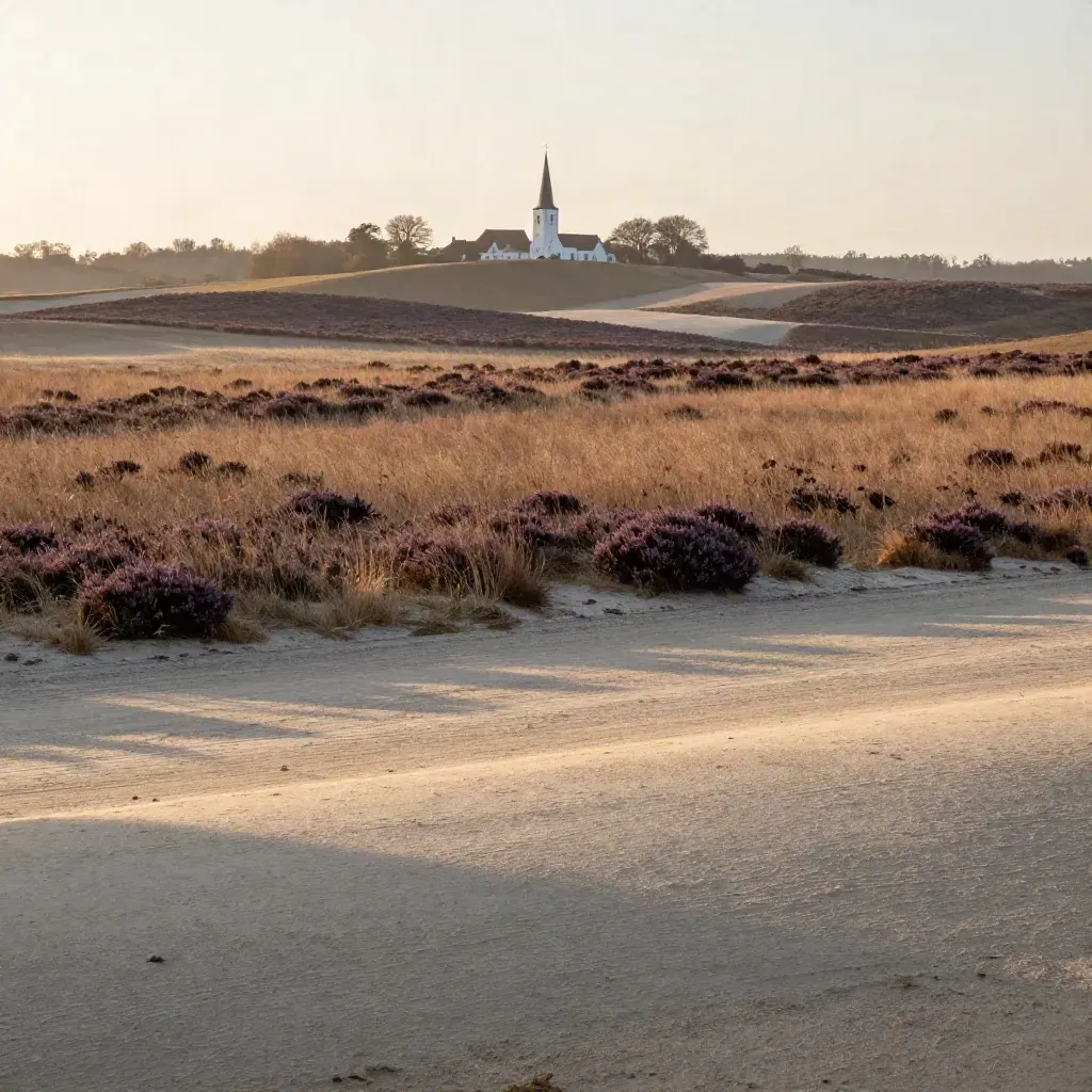 Brabantse heide met verre kerktoren in warm avondlicht en zachte mist.