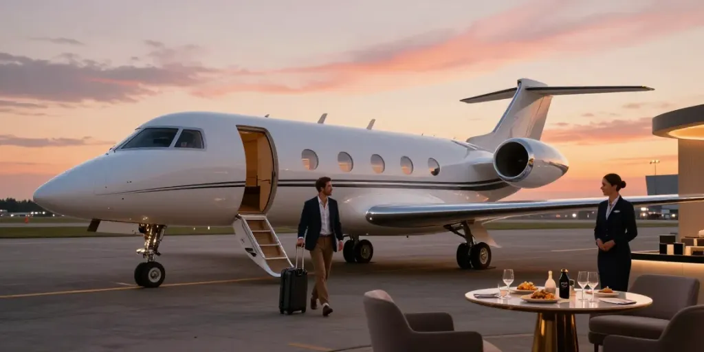 Private jet rental Amsterdam scene featuring a traveler approaching a luxury jet at sunset.