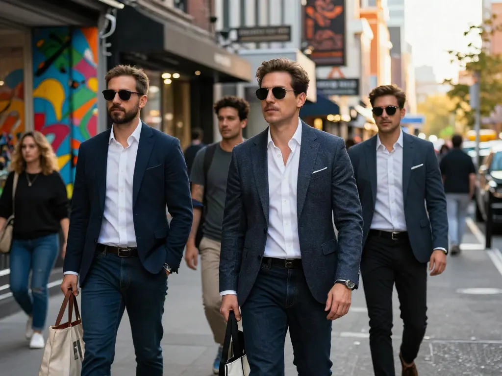 Heren kleding online overzicht: Stijlvolle mannen in casual en formele outfits in de stad.