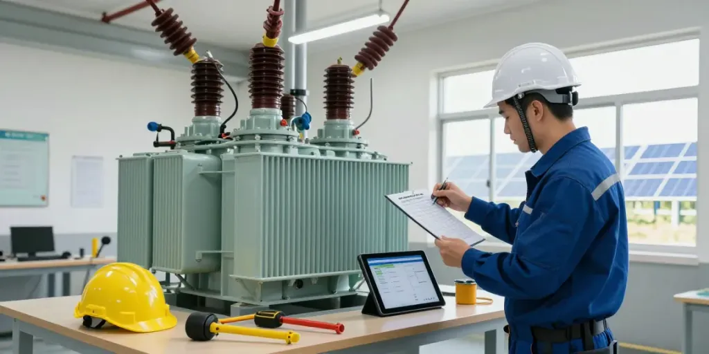 Technisch expert onderzoekt een cast resin transformer in industriële omgeving.