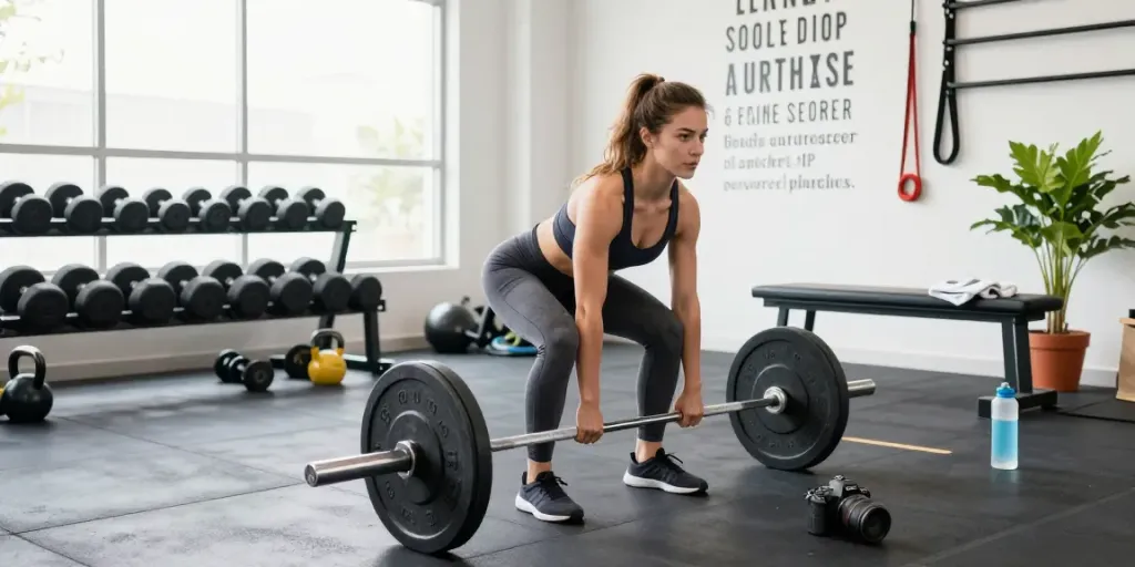 Empowering fitness moment at biolabshop.nl gym, young woman lifting weights with focus.
